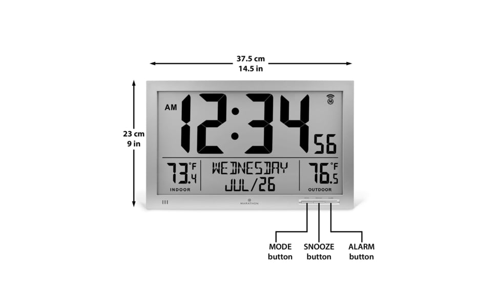 Marathon Slim Atomic Full Calendar Wall Clock w/ Indoor/Outdoor Temperature, Graphite Grey, 14.6in x 1.2in x 9in, CL030066-GG-FD-NA