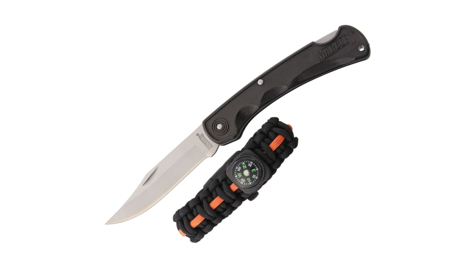Marbles Brushy Mountian Survival Folding Knive Set, Lockback, Closed 5in, Blade 3.75in L SS L Standard Edge L Matte Finish, Handle Black L Plastic, Black Nylon Sheath, MR395