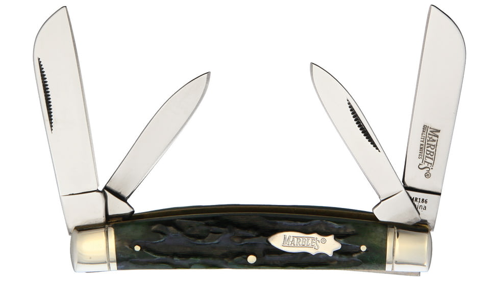 Marbles Congress Green Stag Bone Folding Knife, Mirror finish stainless dual sheepsfoot and dual p, Green stag bone handle, KB402 GREEN STAG BONE