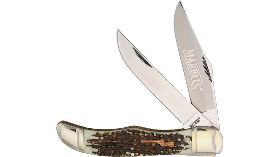 Marbles Folding Hunter Imitation Stag Folding Knife, Satin SS Clip And Skinner Blades, Imitation Stag Handle, Black Nylon Sheath, KB223/ MR417 #61 SHIELD