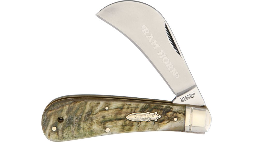 Marbles Hawkbill Ram's Horn Folding Knife,3.25in,Stainless Steel,Standard Edge,Satin,Ram Horn Handle MR364