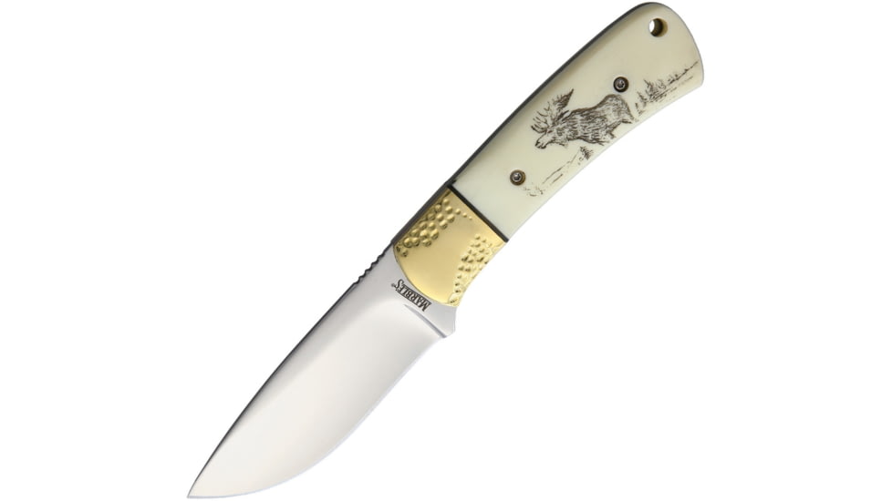 Marbles Scrimshaw Fixed Blade Knife, 7.25in Overall, 3.25in Satin SS Blade, White Smooth Bone Handle, Brass Guard, Scrimshawed Moose Artwork On Handle, Black Nylon Belt Sheath, White, BZ011160