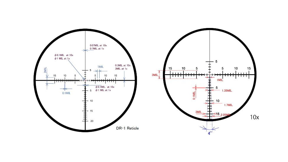 March Scopes Tactical Turret Rifle Scope, 1-10x24mm, 30mm tube, DR-1 Reticle, w/6-level Illumination, w/Custom Unimount, Black, NSN None, D10SV24FIML-P DR-1 Reticle