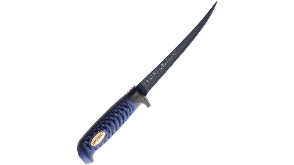 Marttiini Martef Fillet Fixed Blade Knife, Martef Fillet, 10.63in Overall, 6in SS Fillet Blade, Blue Textured Rubber Handle, Black Martef Coated Blade, Plastic Ferrule, Black Leather, Blue, 826014T