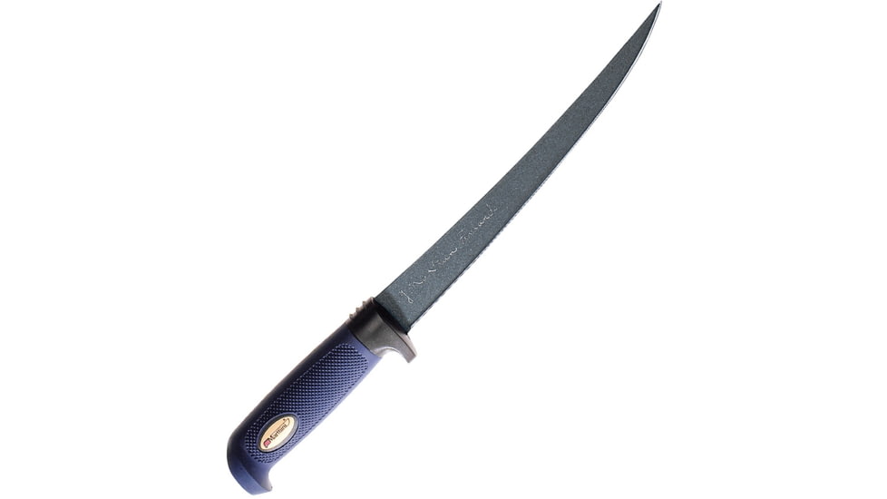Marttiini Martef Fillet w/Leather Sheath Fixed Blade Knife, Martef Fillet, 14.13in Overall, 9in Black SS Fillet Blade, Blue Textured Rubber Handle, Plastic Ferrule, Black Leather, Blue, 846014T