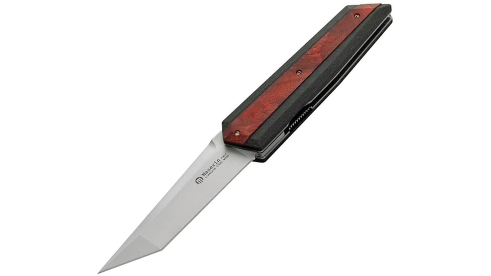 Maserin AM4 Linerlock CF Red Folding Knife, 3.75in Satin Bohler M390 SS Tanto Blade, Carbon Fiber Handle With Red Burl Wood Insert, Ghost Clip, 376RR