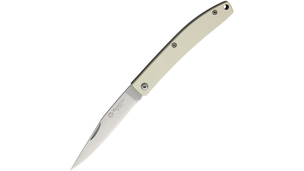 Maserin EDC Slip Joint White Folding Knife, 3.25in Satin D2 Tool Steel Long Clip Blade, White Micarta Handle, Slip Joint, White, 164-W