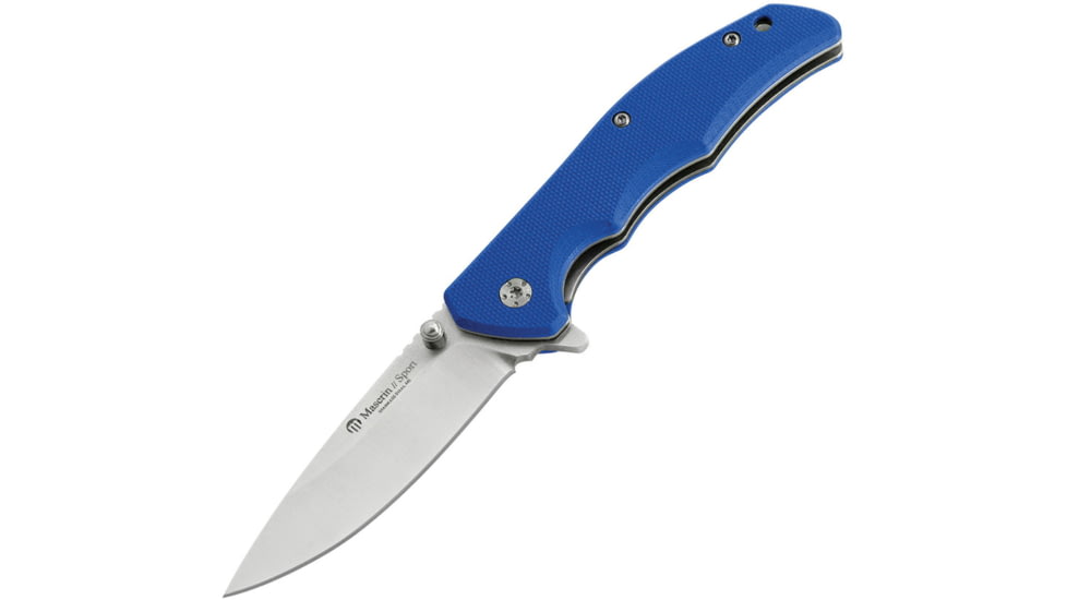 Maserin Sport Linerlock Folding Knife, 3 satin finish 440 stainless blade, Blue G10 handle, Thumb stud, 46004G10B