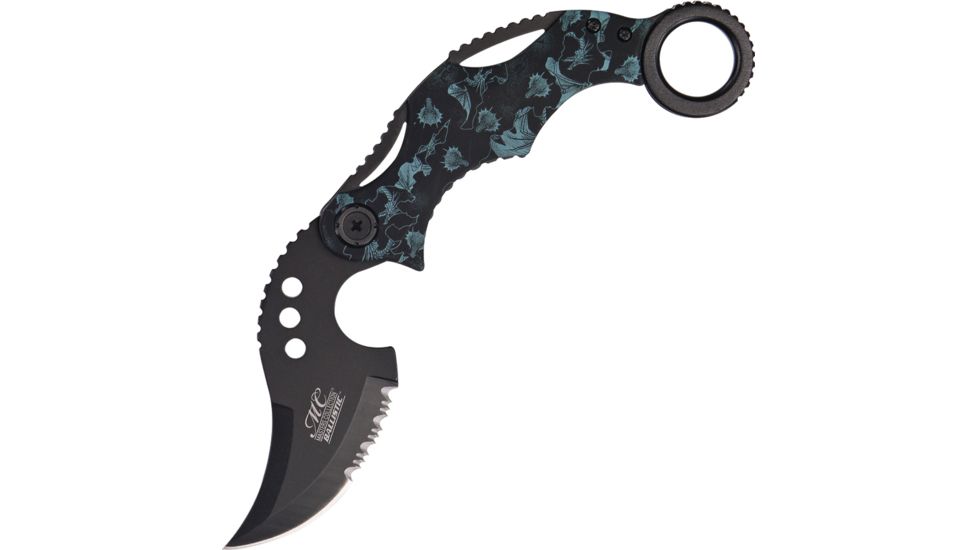Master Collection Dragon Karambit A/O Fold Knife, SS Assist Black Partially SE, Blue Handle MCA010BL