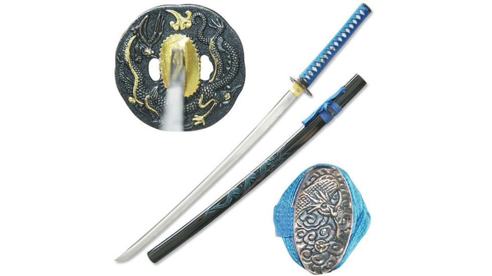 Master Cutlery Fixed Blade, 41in, Carbon Steel Blade, Blue Cord Wrapped With Imitation Ray Skin Handle SW-768BL