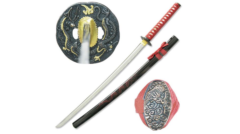 Master Cutlery Fixed Blade, 41in, Carbon Steel Blade, Red Cord Wrapped With Imitation Ray Skin Handle SW-768RD