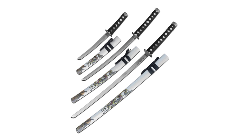 Master Cutlery SW-85GY-4 Samurai Sword Set, Stainless Steel Blade, Cord Wrapped Handle w/ Menuki, 3 Piece Set, Gray, SW-85GY-4