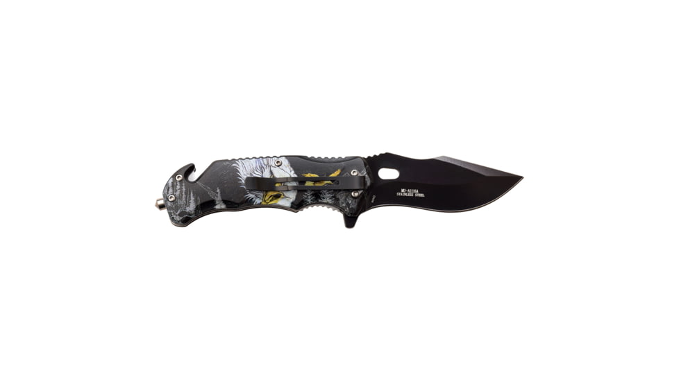 Master USA Embossed Printing Spring Assisted Knife, 3.75 in, 3Cr13 Stainless Steel Stainless Steel, Drop Point, Black Eagle, MU-A116A