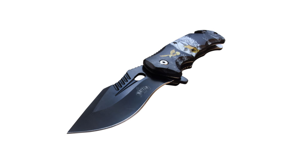 Master USA Embossed Printing Spring Assisted Knife, 3.75 in, 3Cr13 Stainless Steel Stainless Steel, Drop Point, Black Eagle, MU-A116A