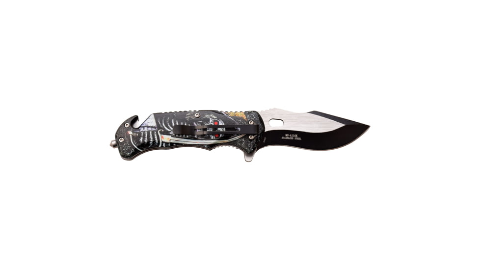 Master USA Embossed Printing Spring Assisted Knife, 3.75 in, 3Cr13 Stainless Steel Stainless Steel, Drop Point, Black/Grey Skeleton, MU-A116K