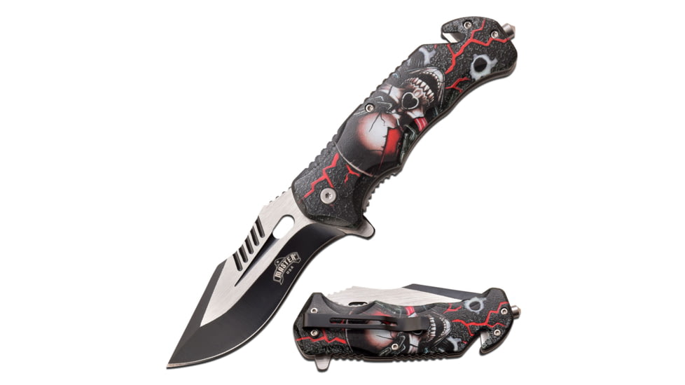 Master USA Embossed Printing Spring Assisted Knife, 3.75 in, 3Cr13 Stainless Steel Stainless Steel, Drop Point, Red/Black Skeleton, MU-A116G