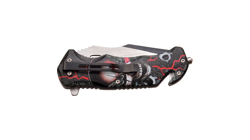 Master USA Embossed Printing Spring Assisted Knife, 3.75 in, 3Cr13 Stainless Steel Stainless Steel, Drop Point, Red/Black Skeleton, MU-A116G