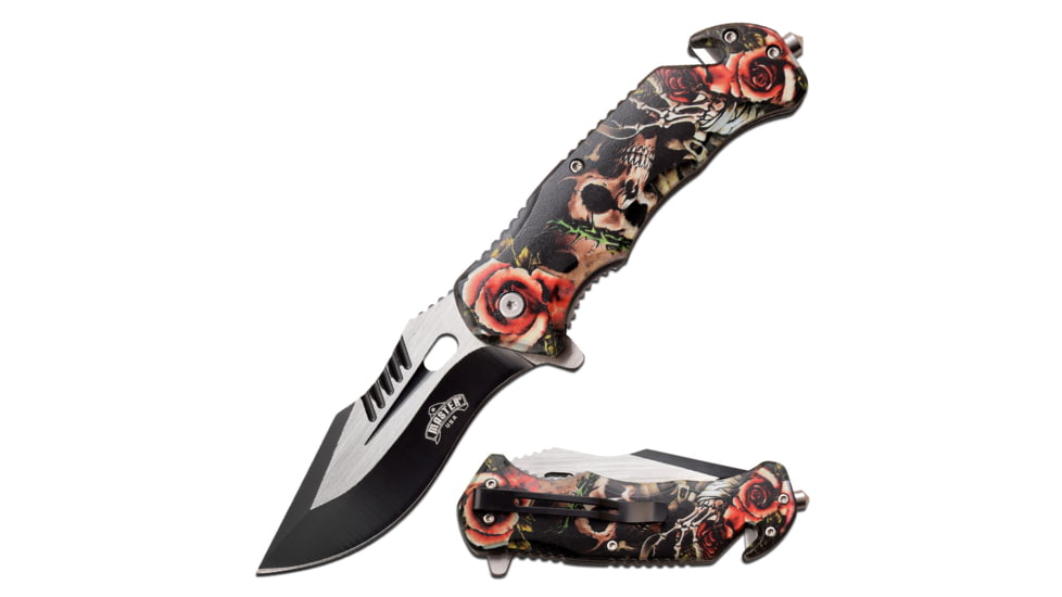 Master USA Embossed Printing Spring Assisted Knife, 3.75 in, 3Cr13 Stainless Steel Stainless Steel, Drop Point, Red/Brown, MU-A116B