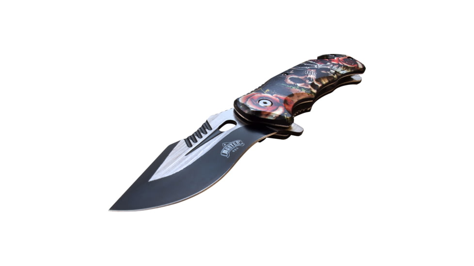Master USA Embossed Printing Spring Assisted Knife, 3.75 in, 3Cr13 Stainless Steel Stainless Steel, Drop Point, Red/Brown, MU-A116B