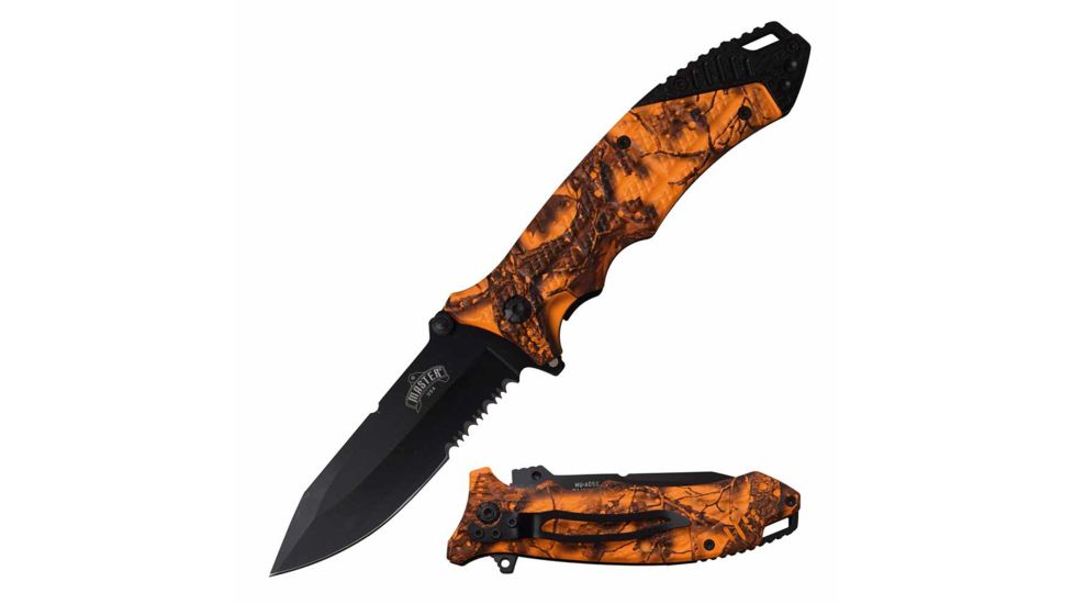 Master USA MU-A052OR Spring Assisted Knife, 3.5in, 3CR13 Stainless Steel, Spear Point, Black Blade, Injection Molded Handle, Orange Camo, MU-A052OR