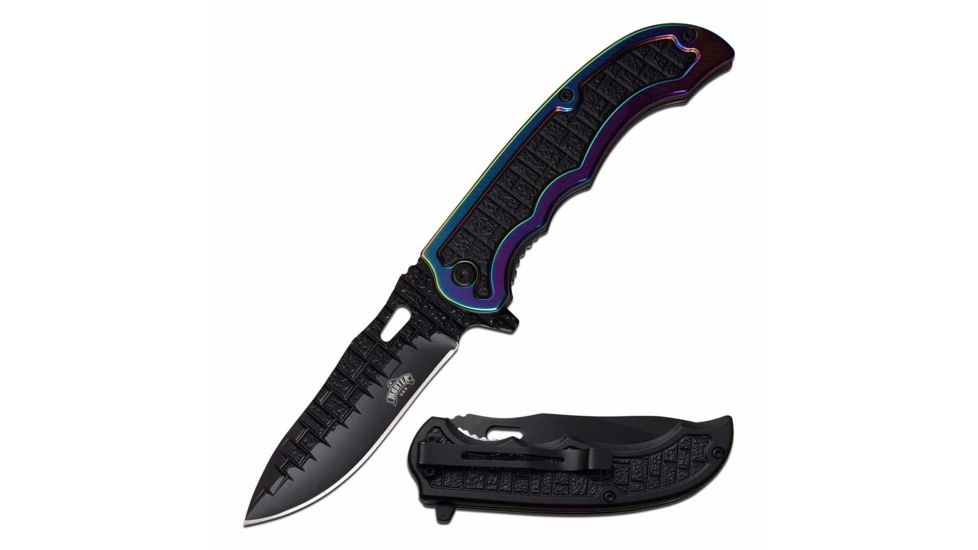 Master USA MU-A053RB Spring Assisted Knife, 3.8in, 3CR13 Stainless Steel, Spear Point, Black Blade, Injection Molded Handle, Rainbow/Black, MU-A053RB