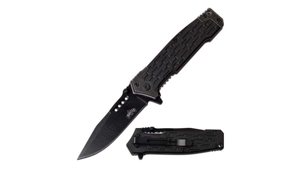 Master USA MU-A070BK Spring Assisted Knife, 3.5in, 3CR13 Stainless Steel, Spear Point, Black Blade, Injection Molded/Stainless Steel Handle, Black, MU-A070BK