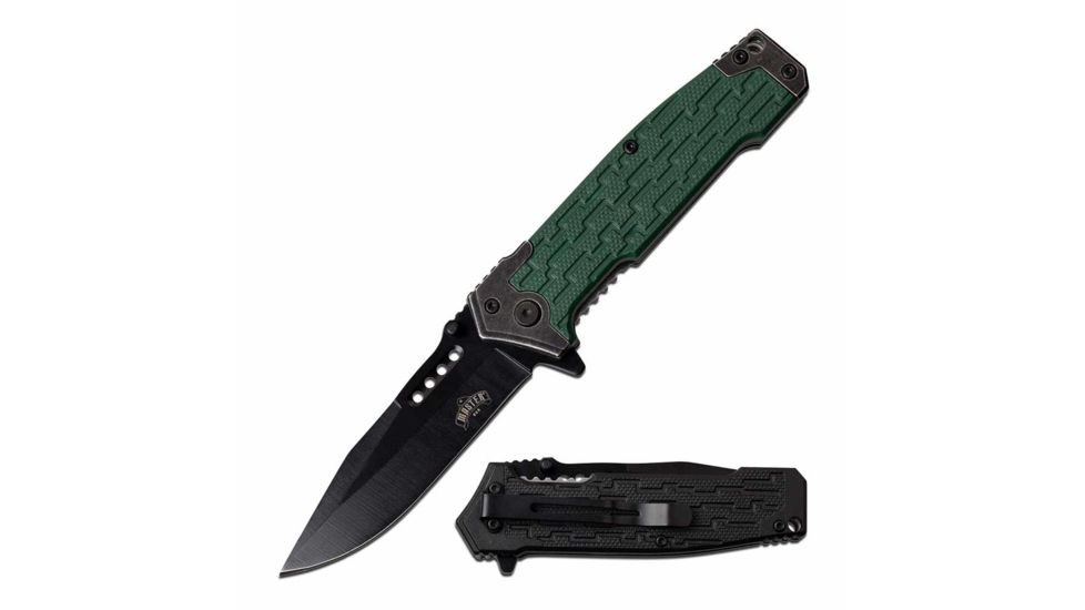 Master USA MU-A070GN Spring Assisted Knife, 3.5in, 3CR13 Stainless Steel, Spear Point, Black Blade, Injection Molded/Stainless Steel Handle, Green, MU-A070GN