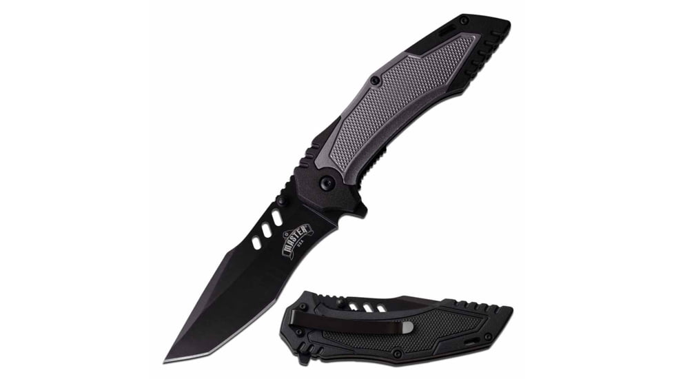 Master USA MU-A098GY Spring Assisted Knife, 3.75in, 3CR13 Stainless Steel, Modified Tanto, Black Blade, Injection Molded/Aluminum Handle, Gray, MU-A098GY
