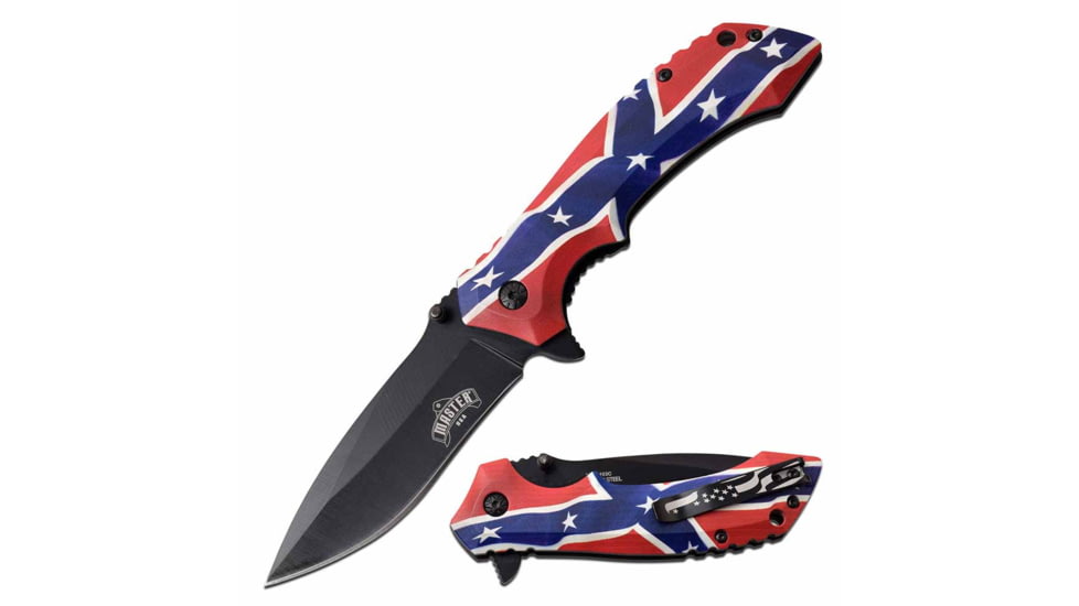 Master USA MU-A103C Spring Assisted Knife, 3.5in, 3CR13 Stainless Steel, Spear Point, Black Blade, Injection Molded Handle w/ Confederate Flag Design, -, MU-A103C
