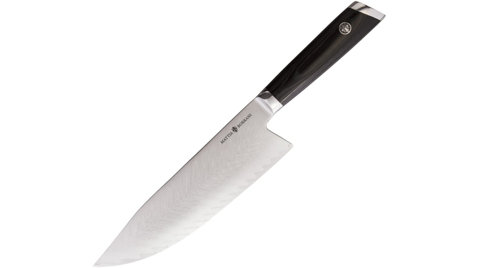 Mattia Borrani Cutlery Bowie Chef 8in Damascus Knife, 8 blade, Black linen micarta handle, B087