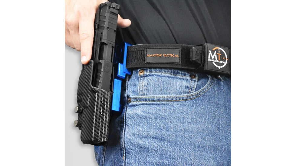 Maxtor Tactical Alloy Competition OWB Holster w/ Align Tactical Thumb Rest, H&amp;K VP9L, Right, Carbon Fiber/Blue, ACHBLU-VP9LREST-CF