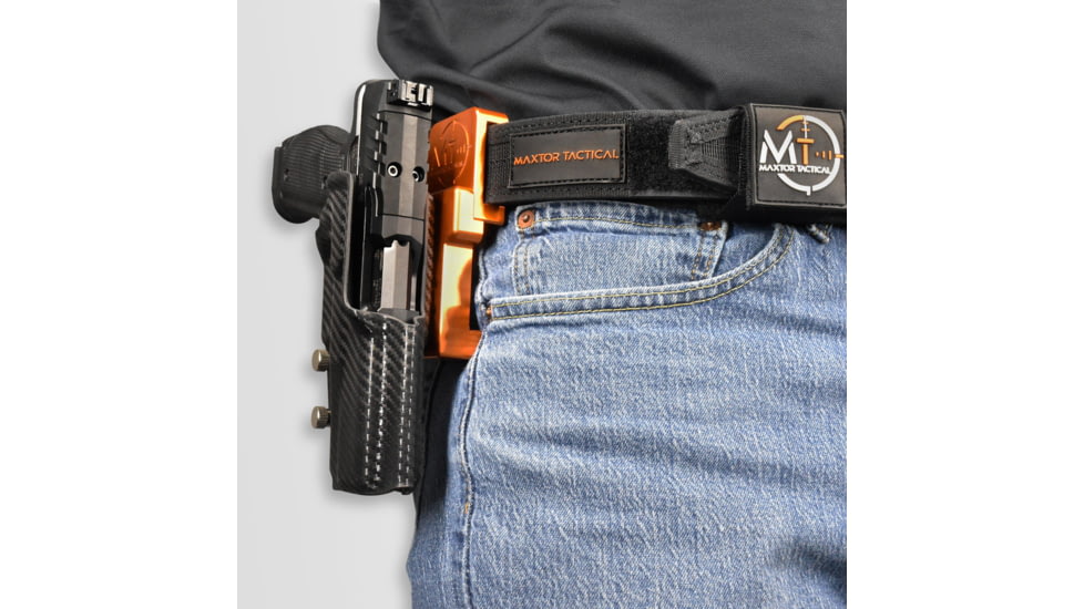 Maxtor Tactical Alloy Competition OWB Holster w/ Align Tactical Thumb Rest, H&amp;K VP9L, Right, Carbon Fiber/Orange, ACHOR-VP9LREST-CF