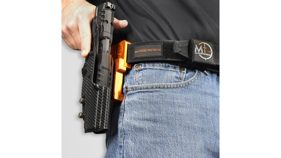 Maxtor Tactical Alloy Competition OWB Holster w/ Align Tactical Thumb Rest, H&amp;K VP9L, Right, Carbon Fiber/Orange, ACHOR-VP9LREST-CF