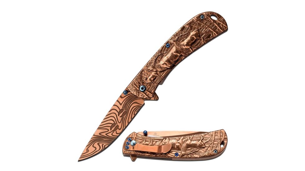 MC Masters Collection Folding Blade, 3.5in, Stainless Steel Blade, Copper Ti Coated Elk Sculpture Stainless Steel Handle MC-A033CP