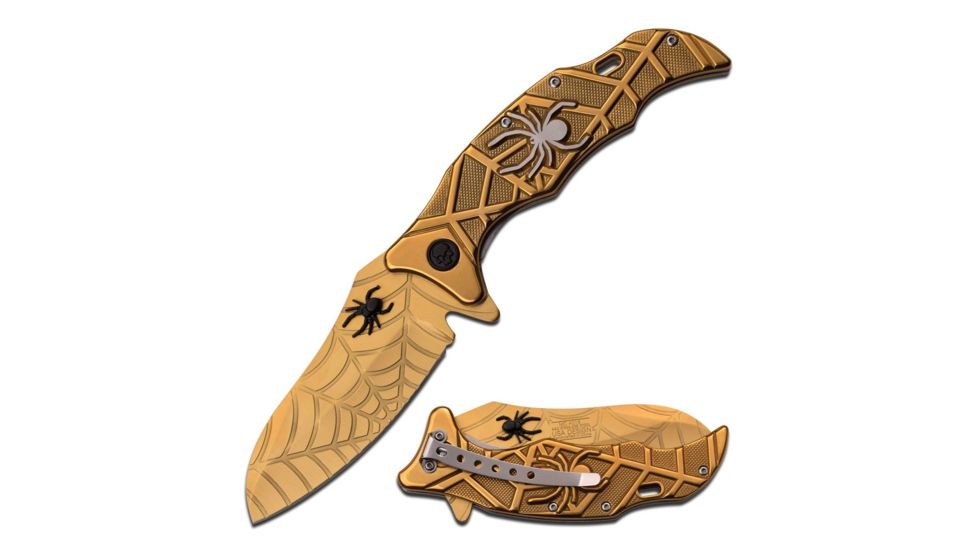 MC Masters Collection Folding Blade, 3.5in, Stainless Steel Blade, Gold Titanium Coated Sculptured Spider On Handle MC-A018GD