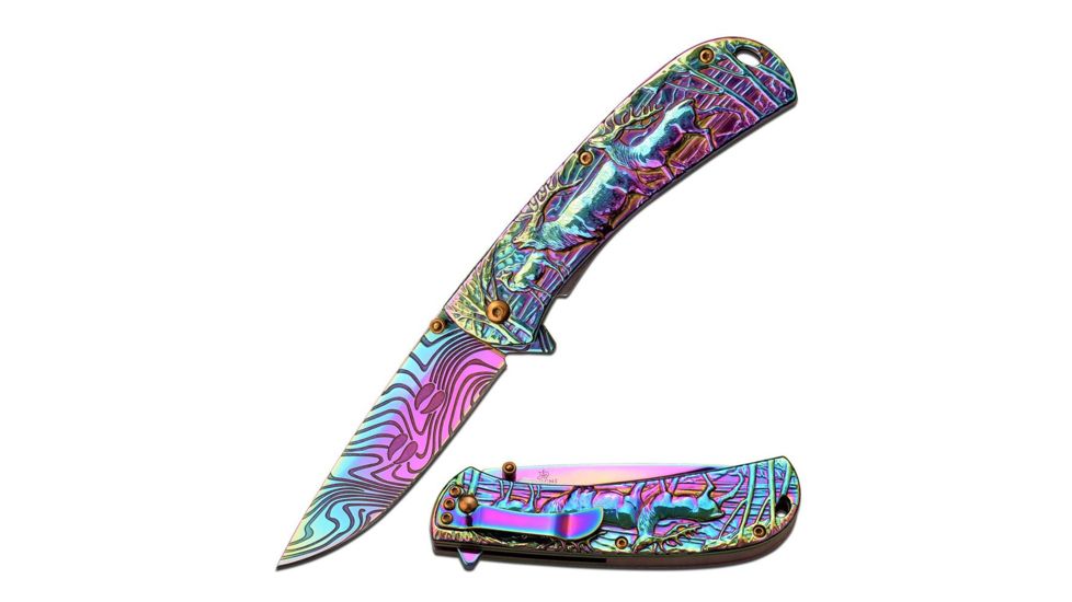 MC Masters Collection Folding Blade, 3.5in, Stainless Steel Blade, Rainbow Ti Coated Elk Sculpture Stainless Steel Handle MC-A033RB