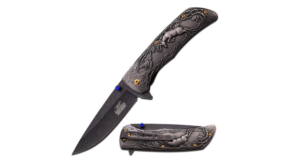 MC Masters Collection Folding Blade, 3.75in, Stainless Steel Blade, Stonewashed Etched Stainless Steel Dear Sculptured Handle MC-A017SW