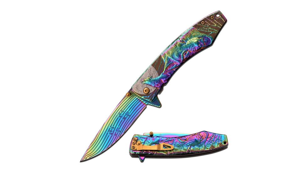 MC Masters Collection Folding Blade, 4.75in, Stainless Steel Blade, Sculpted Art Stainless Steel Rainbow Ti 3 Tone Finish Handle MC-A034RB