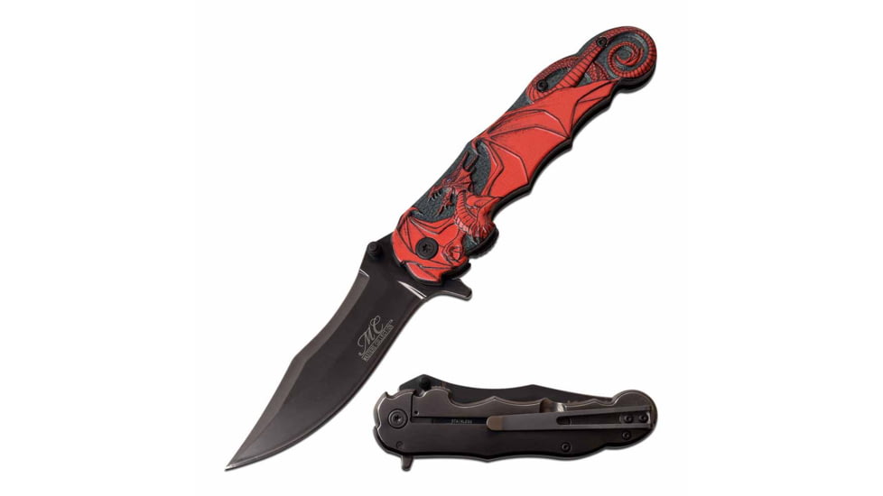 MC Masters Collection MC-A050RD Spring Assisted Knife, 3.5in, 3CR13 Stainless Steel, Clip Point, Black Blade, Aluminum Handle, Red, MC-A050RD