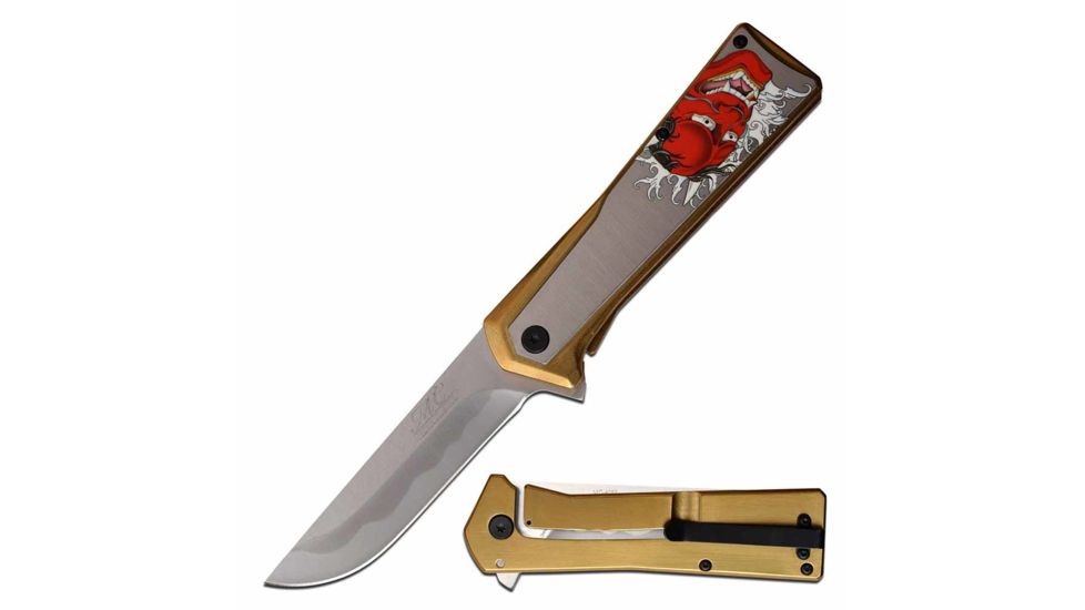 MC Masters Collection MC-A052G Spring Assisted Knife, 3.5in, 3CR13 Stainless Steel, Straight Back, Steel Blade, Stainless Steel Handle, Red, MC-A052G