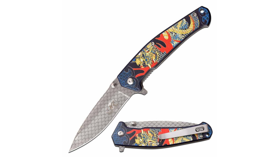 MC Masters Collection MC-A058BL Spring Assisted Knife, 3.5in, 3CR13 Stainless Steel, Drop Point, Laser Etched Steel Blade, Aluminum Handle, Blue, MC-A058BL