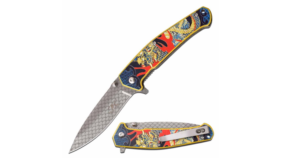 MC Masters Collection MC-A058GD Spring Assisted Knife, 3.5in, 3CR13 Stainless Steel, Drop Point, Laser Etched Steel Blade, Aluminum Handle, Gold, MC-A058GD