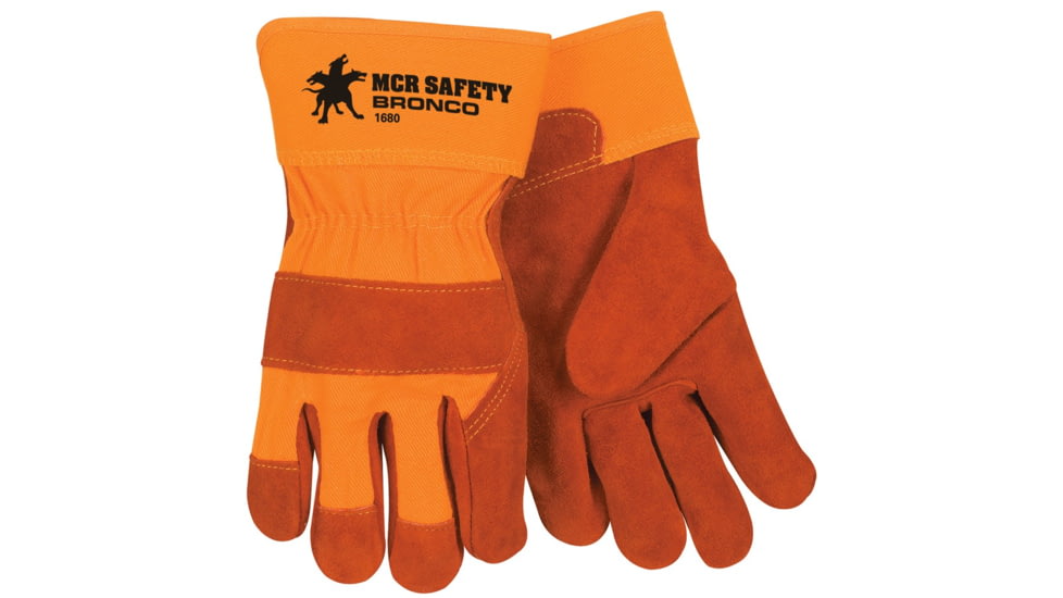MCR Safety Bronco Split Leather Palm Work Gloves w/Safety Cuff - Men's, Large, 1680