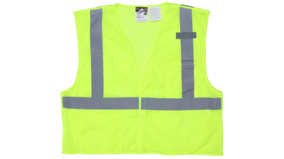 MCR Safety CL2MLPFRM Hi Vis Reflective Safety Vest, ANSI Type R Class 2, Mesh with 2in Silver Stripes, Breakaway Design with Hook and Loop Closures, Fluorescent Lime, M, CL2MLPFRM