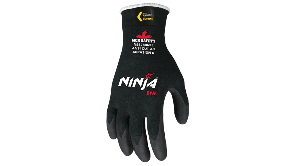 MCR Safety Cut Pro Ninja BNF Work Gloves, 18 Gauge Kevlar Shell, NFT Coated Palm and Fingertips, Black, Medium, N9878BNFM
