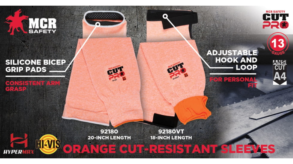 MCR Safety Cut Pro Sleeves 13 Gauge Hypermax Hi-Vis Silicone Bicep Grip Pads, 20in Length, ANSI Cut A4, Orange, One Size, 9218O