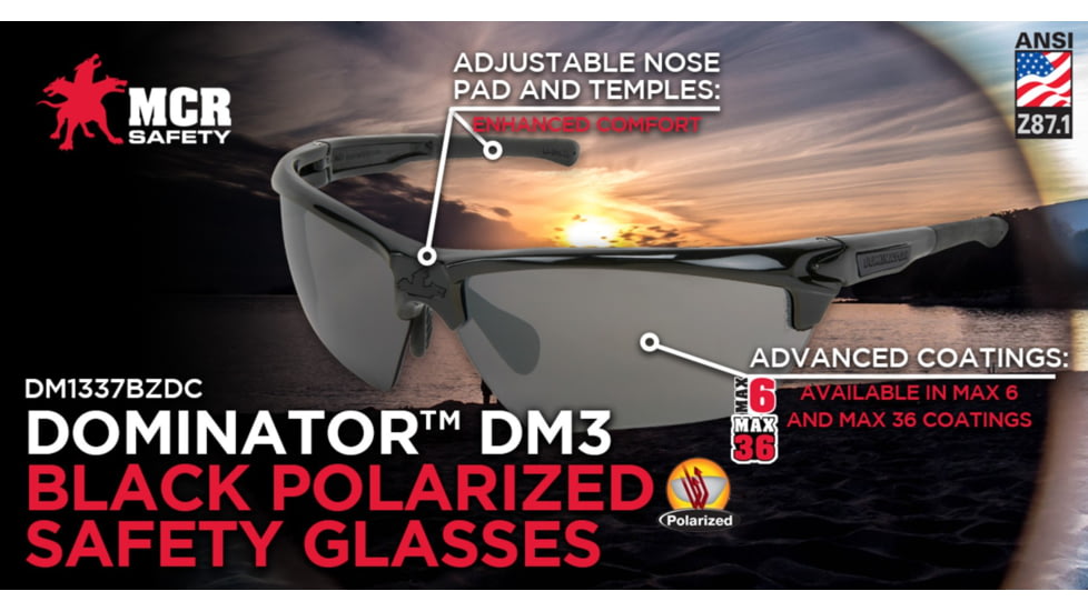 MCR Safety Dominator DM3 Series Safety Glasses, Polarized MAX36 Anti-Fog Lenses, Adjustable Wire Core Temples and Nose Piece, Black Mirror, One Size, DM1337BZDC