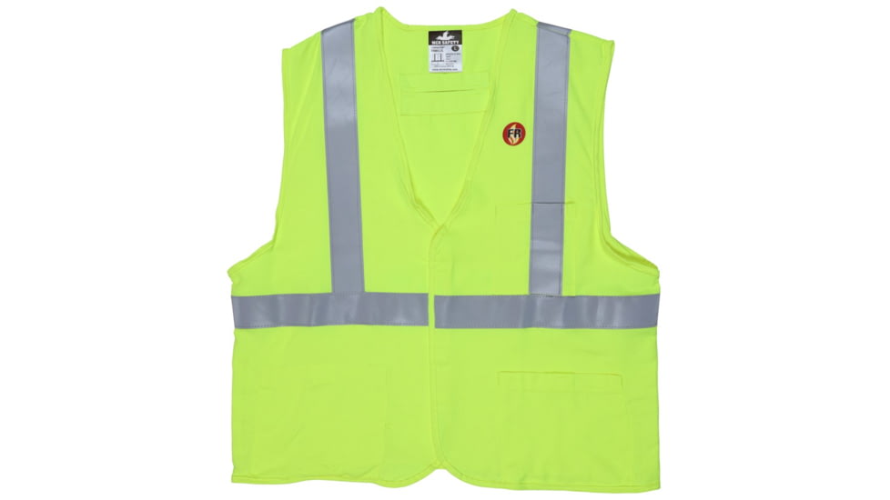 MCR Safety Flame Resistant Safety Vest, Class 2 Modacrylic/Aramid Blend, 2in Silver Stripes, Fluorescent Lime, L, FRMCL2LL