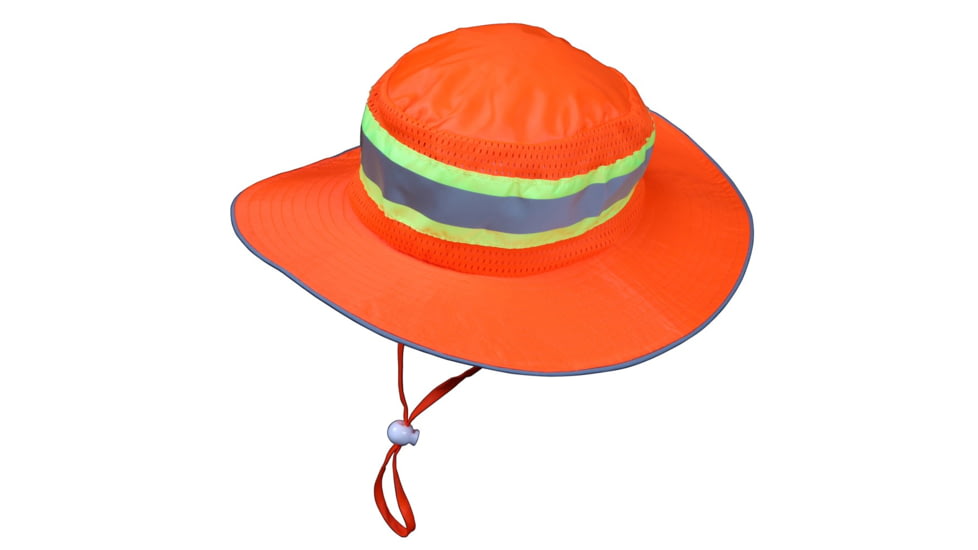 MCR Safety Hi-Vis Boonie Hat, Breathable Mesh Panel, Silver Reflective Stripe and Trim, Drawstring Closure, 2in Brim, Orange, One Size, HVH100