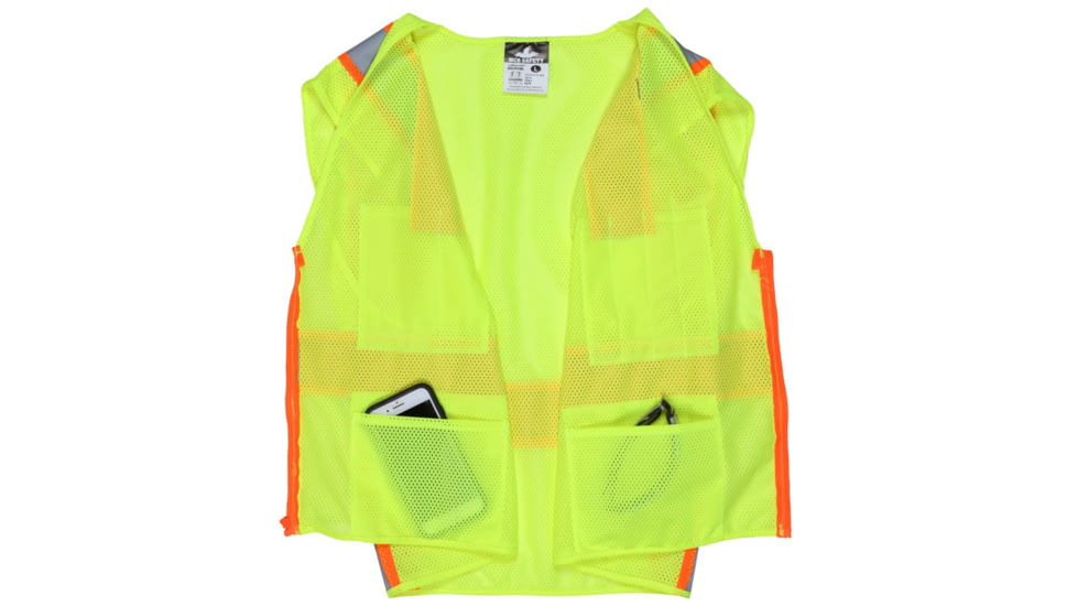 MCR Safety Hi Vis Reflective Safety Vest, ANSI 107 Type R, Class 2, Zipper Front with 4 Outer and 2 Inner Pockets, Fluorescent Lime, M, RSURVMLM